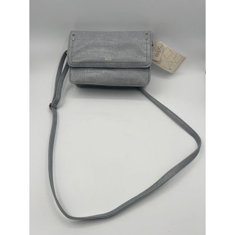 Relic by Fossil Gray Croc Embossed Crossbody Bag Purse Multi Pocket Adjustable